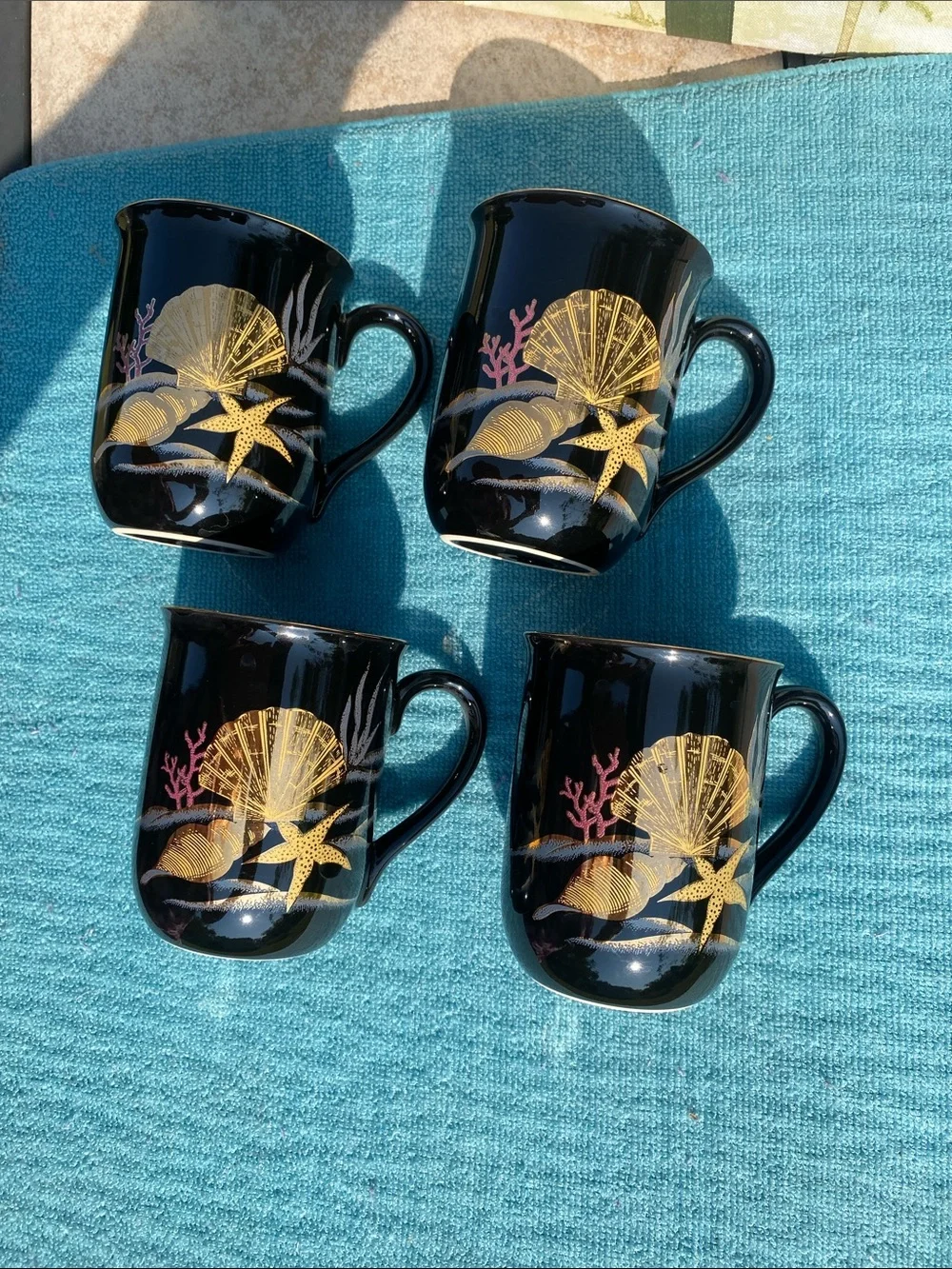 VTG Otagiri Japan Black 22K Gold Seashell Coral Starfish Ceramic Mugs - Set of 4